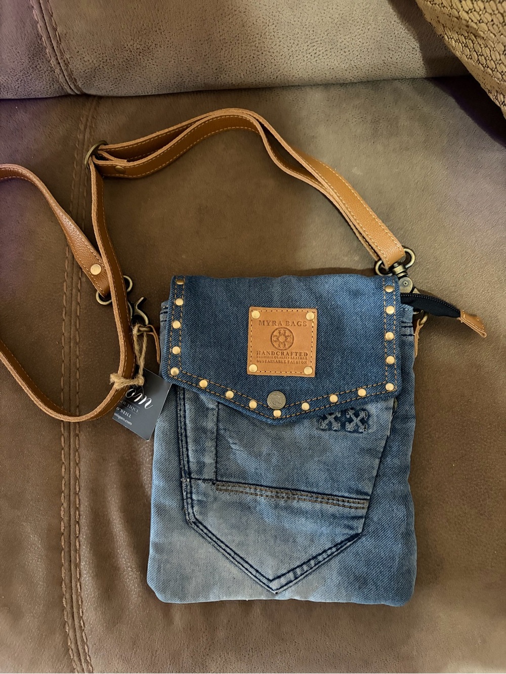 Myra Bag Blue Denim Messenger with Tan Leather Strap and Stud Accents